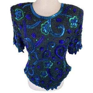 Laurence Kazar L blue/black full sequin top Vintage‎